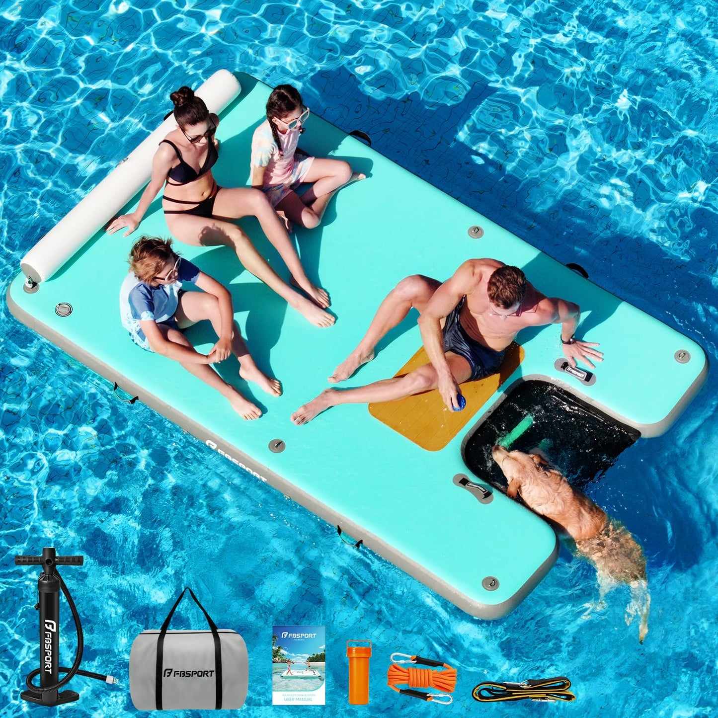 FBSPORT Inflatable Floating Dock with Boat Ramp,Non-Slip Air Dock Floating Platform with Water Ladder and Headrest, Inflatable Island Water Raft for Pool Lake Beach Ocean