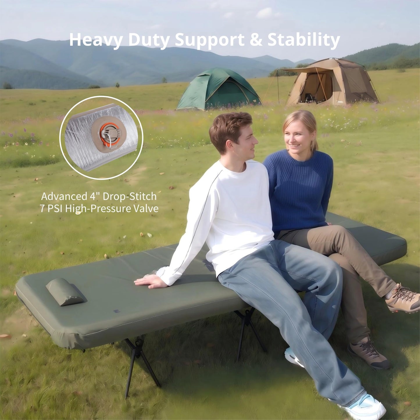 Freein Double Camping Cot with 7 PSI Inflatable Mattress Combo, Queen Size Modular 2-in-1 Sleep System, Dual-Height Adjustable, 16-Point Stable Frame Supports 820lbs, Portable SUV & Tent Bed