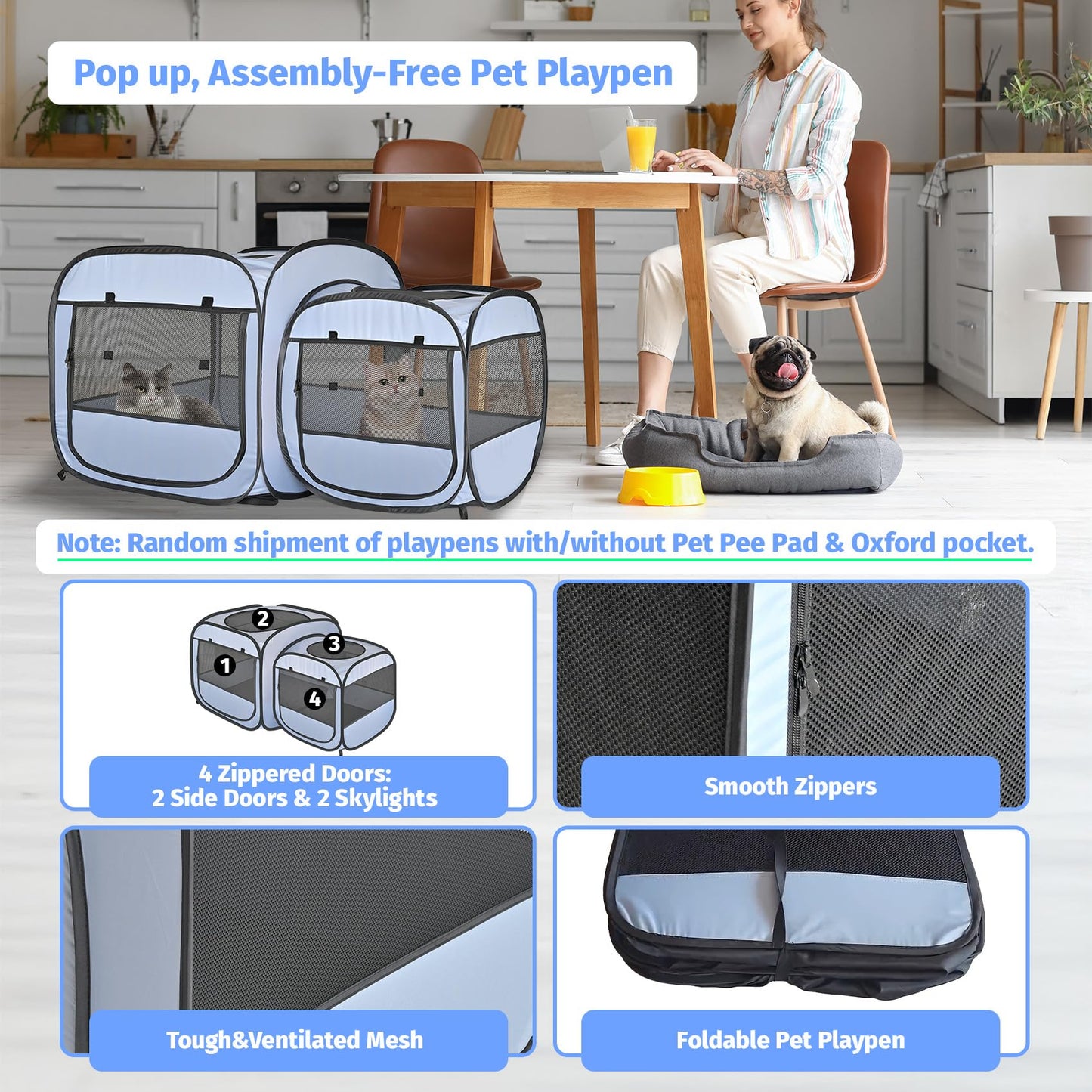 EighteenTek® 2-in-1 Portable Cat Playpen(Front Doors), Pop up Kitten Playpen, Assembly-Free, Pet Tent Crates Kennel Cage Enclosure for Dog Puppy Indoor Outdoor(No Divider, Unified Space)