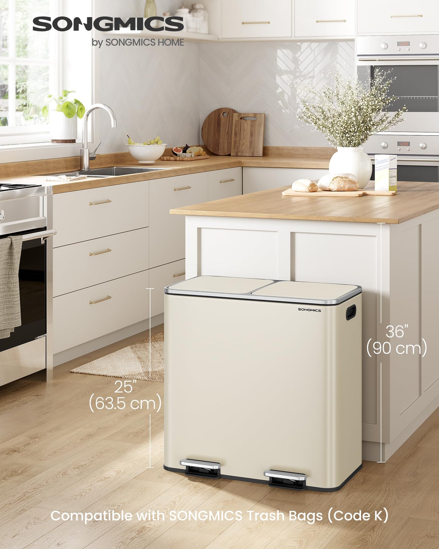 SONGMICS Trash Can, 2 x 10.6 Gallon (2 x 40 L) Garbage Can for Kitchen, with 15 Trash Bags, 2 Compartments, Plastic Inner Buckets and Hinged Lids, Airtight, Almond Color ULTB730A01V1