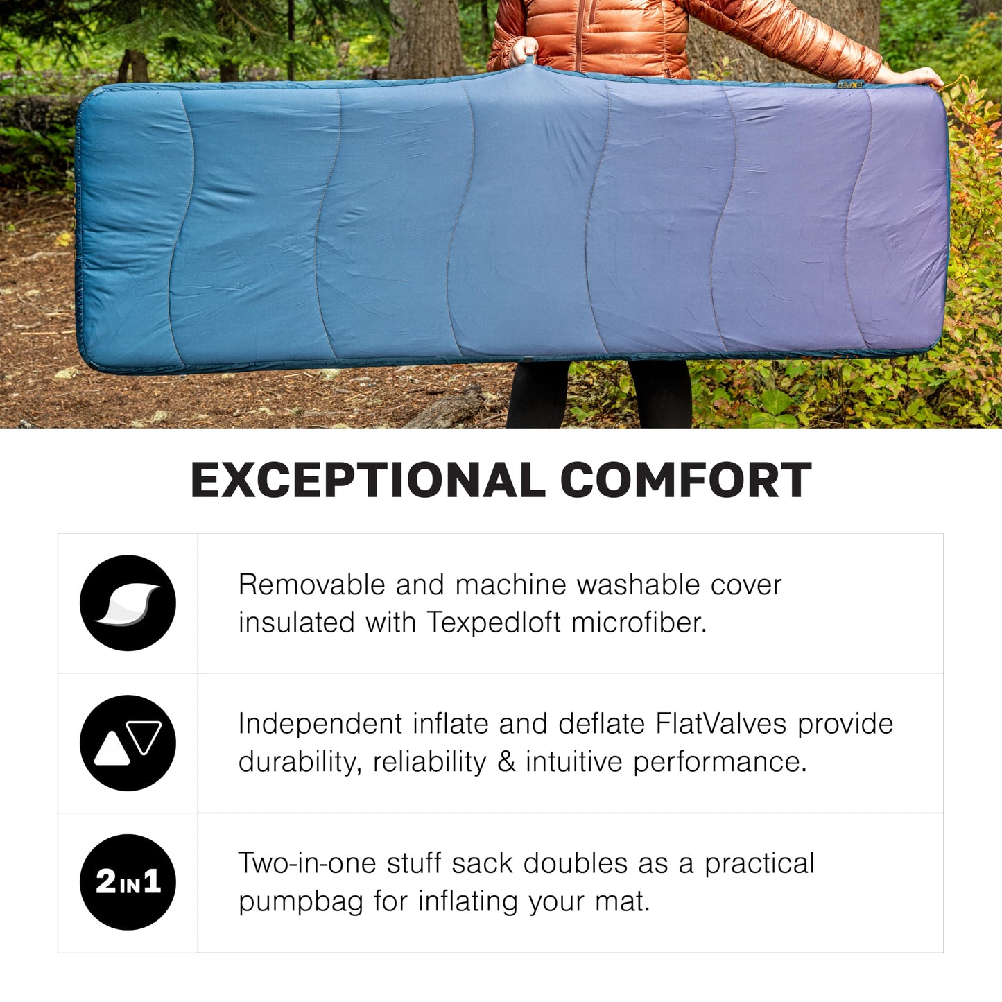 Exped Versaluxe Sleeping Pad – Backpacking & Car Camping Air Mat with Removable Machine Washable Cover, R-Value 2.4, 3-Season, Lightweight, Includes Pump Bag, Ocean, LW