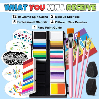 Drawdart Professional Face Painting Kit for Kids & Adults, Split Cake Face Paint Palette 12 x 10gm with Stencil, One Stroke Non Toxic Rainbow Body Paint Set for Halloween & Christmas Makeup