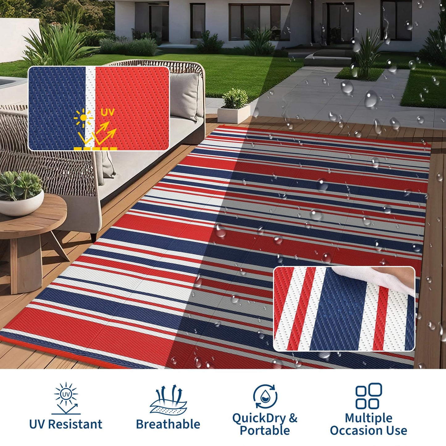 MilleLoom 10x20 Large Outdoor Patio Rug Modern Line Plastic Straw Outdoor Rugs Waterproof Foldable UV Resistant Camping Reversible Mats for Deck, Picnic, Porch, Camper, Balcony, Beach, Rv，Red/Multi