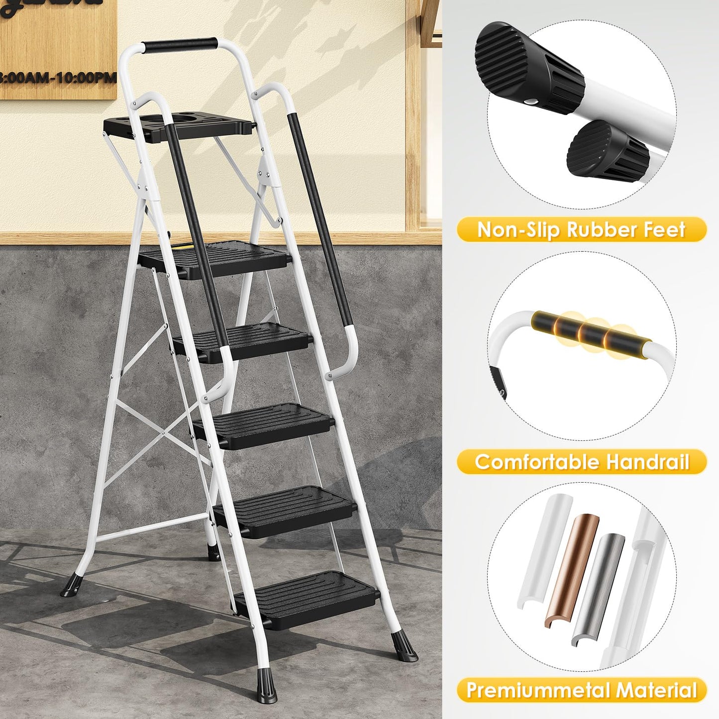 TOOLF 5 Step Ladder, Sturdy Steel Step Stool with Tool Platform, Anti-Slip Wide Pedals, Handrail, Safe-Lock Design, Folding Portable Ladder for Home, Kitchen, Pass 800lbs Load Testing, White