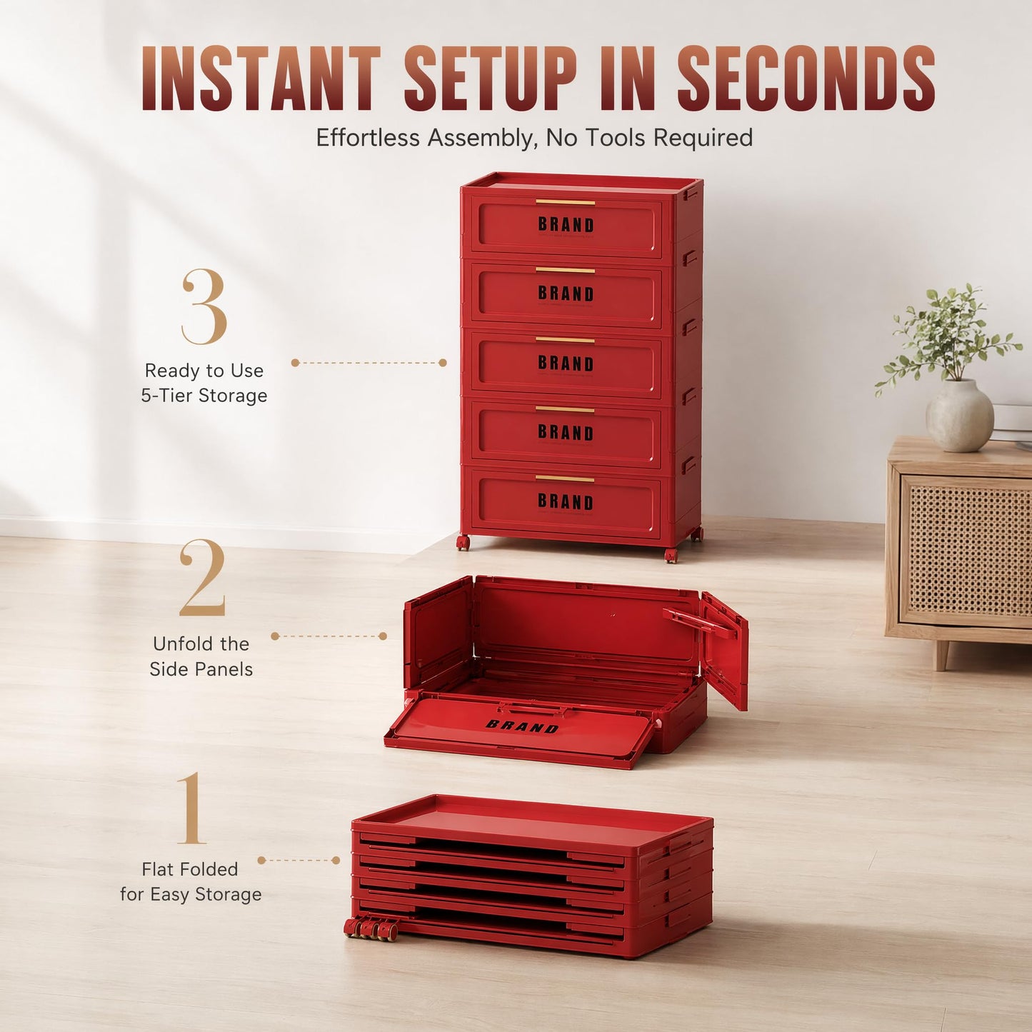 Foldable Storage Cabinet with Doors and Lockable Wheels, 5-Tier Large Capacity ABS Organizer, No-Tool Assembly Storage Cabinet for Small Apartment, Kitchen, Pantry, Laundry, Garage