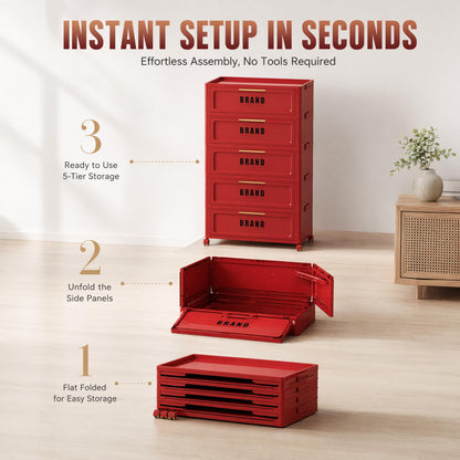 Foldable Storage Cabinet with Doors and Lockable Wheels, 5-Tier Large Capacity ABS Organizer, No-Tool Assembly Storage Cabinet for Small Apartment, Kitchen, Pantry, Laundry, Garage