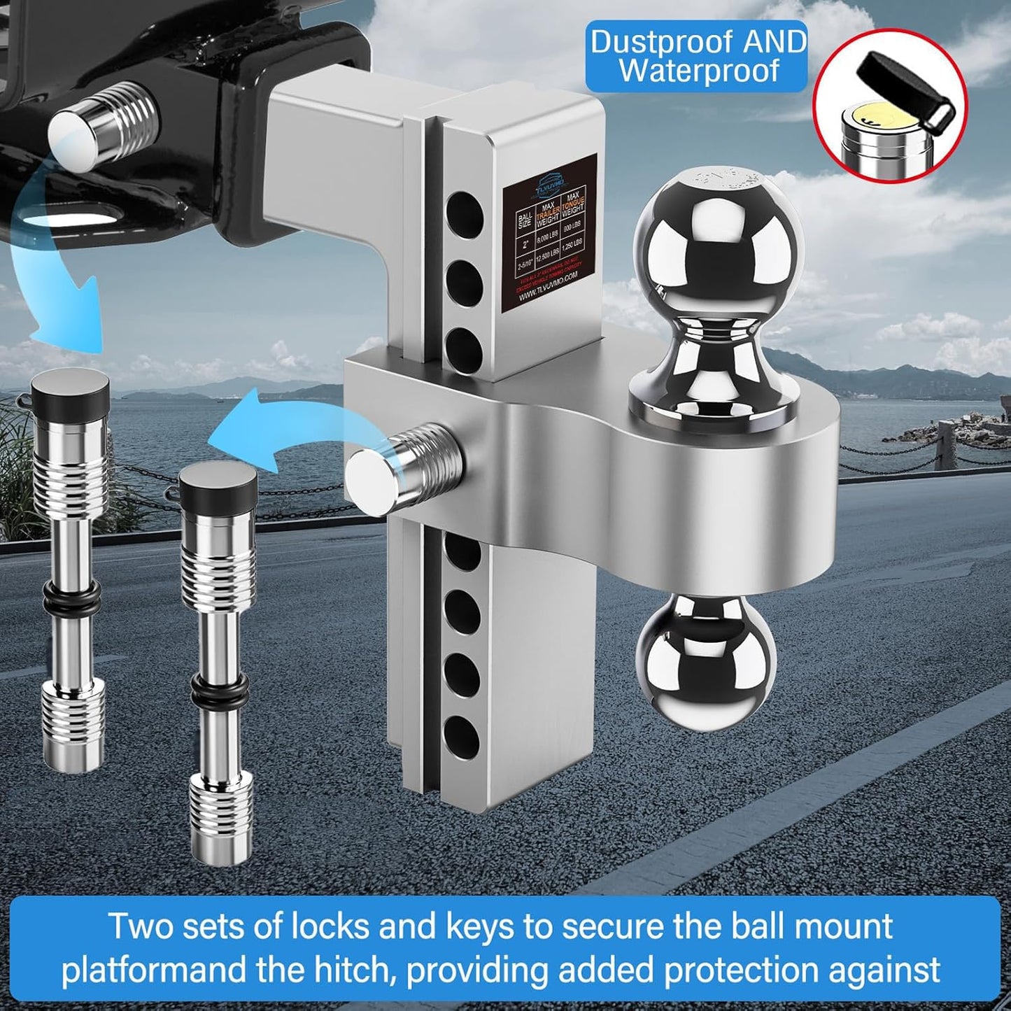 Tlvuvmo Drop Hitch Fits 2 Inch Receiver, 8 Inch Adjustable Trailer Hitch, 12,500 LBS GTW, (2" & 2-5/16") Chrome Plated Steels Balls, Aluminum Tow Hitches with Two Anti-Theft Pins Locks