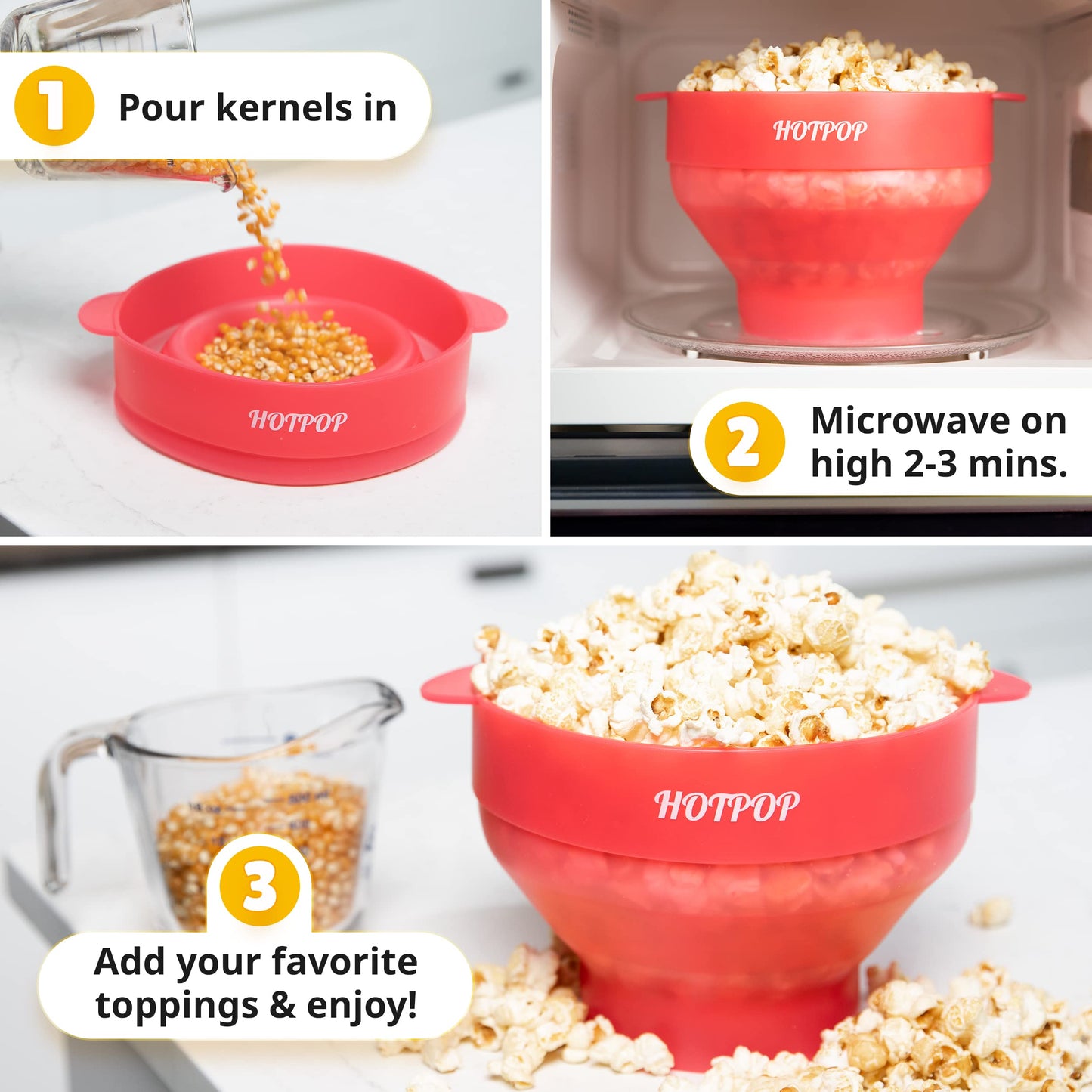 The Orginal HotPop Silicone Popcorn Maker - Microwave Popcorn Popper with Handles - Collapsible Bowl, Heat-Resistant, Easy to Clean, Ideal for Family Movie Nights, 15-Cup Capacity - Red