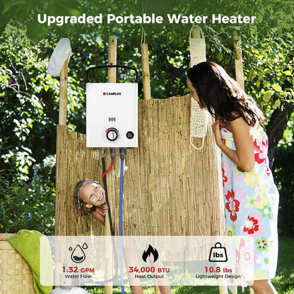 CAMPLUX Propane Portable Water Heater 1.32 GPM 34,000 BTU, First F5 Pro, with 1.2 GPM Pump Kit for RVs, Campings & Cabins, Ultra Portable Design, Easy Setup