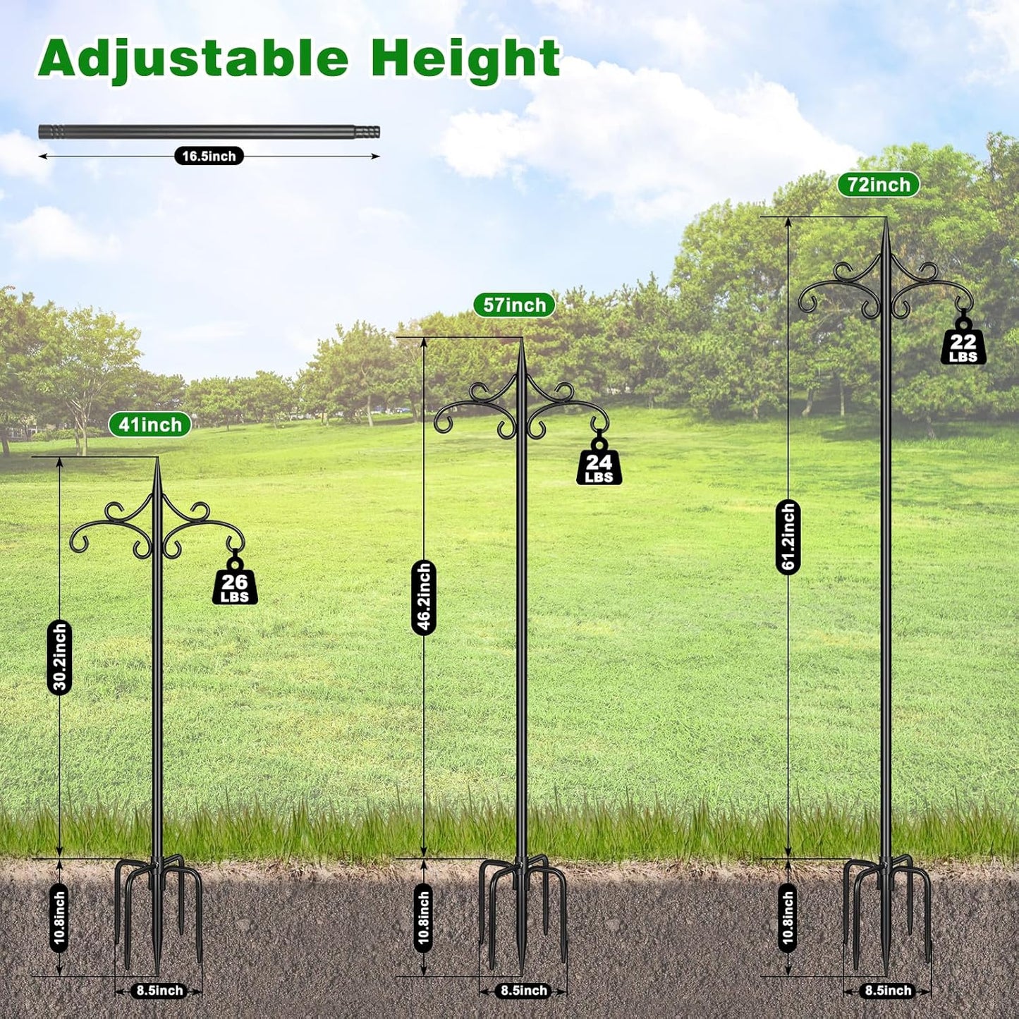Skiennix Heavy Duty Double Shepherd Hooks - 72-Inch Adjustable Metal Bird Feeder Pole | 5-Prong Base for Outdoor Use