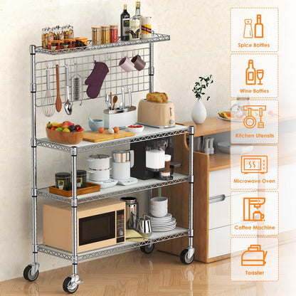Leteuke Bakers Rack with Storage & Wheels, 42 Inch Microwave Stand Kitchen Shelves, 4-Tier Heavy Duty Storage Rack with 20 S-Hooks, Commercial Metal Utility Kitchen Cart, 42× 18× 63 Inch, Chrome