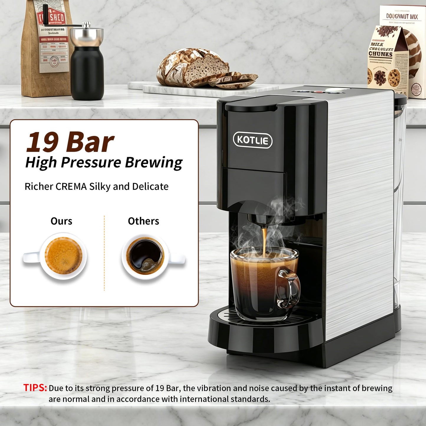 KOTLIE Espresso Coffee Machine,Single Serve Coffee Maker for K*CUP/NES* ORIGINAL/DOLC* GUS*O/ESE 44mm and GROUND COFFEE, 513HF （Black）