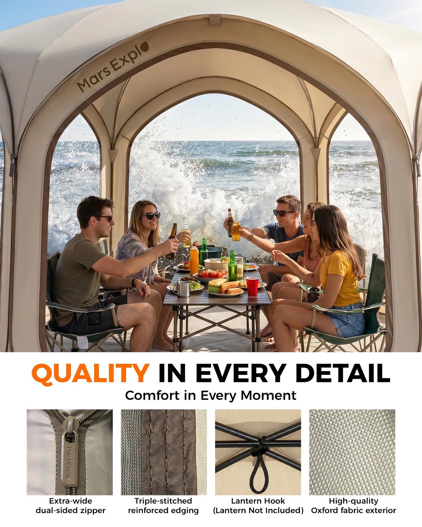 Mars Explo 12x12 FT Pop-Up Screen Tent, Portable Screen Room Canopy with Zipper Doors for Patio, Backyard, Deck & Outdoor Activities, Beige
