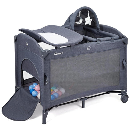 5 in 1 Pack and Play Bedside Sleeper with Bassinet, Diaper Changer & Hanging Toy, Portable Crib Nursery Center for Newborns to Toddlers, Grey