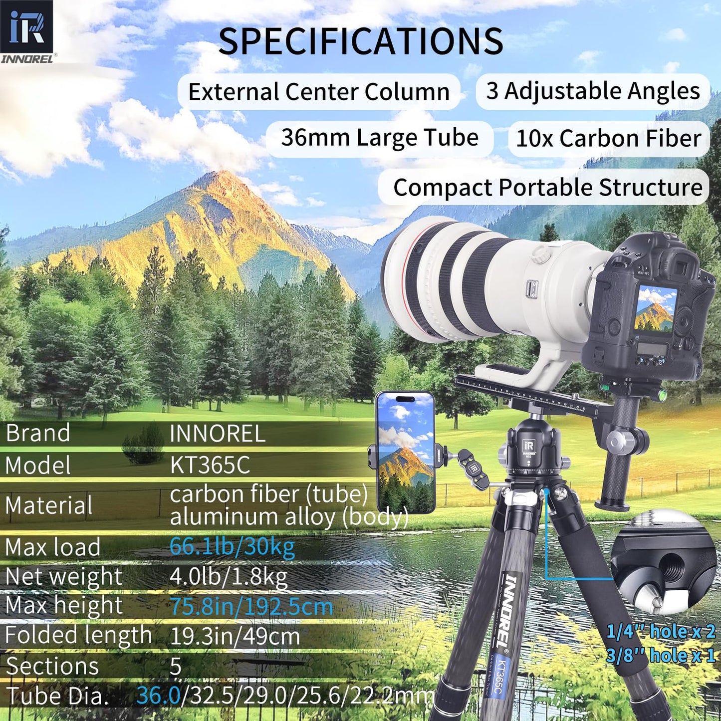 INNOREL KT365C Compact Carbon Fiber Camera Tripod 36mm Max Tube Professional 5 Sections Travel Tripod for Digital DSLR Video Camcorder Heavy Duty Camera Stand Load 66.1lb/30kg with Center Column