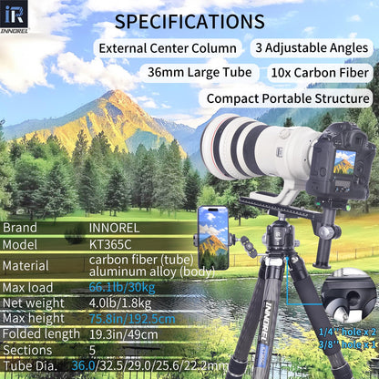 INNOREL KT365C Compact Carbon Fiber Camera Tripod 36mm Max Tube Professional 5 Sections Travel Tripod for Digital DSLR Video Camcorder Heavy Duty Camera Stand Load 66.1lb/30kg with Center Column