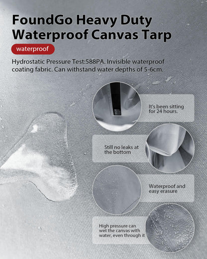 FoundGo Canvas Tarp 10x24ft Heavy Duty Waterproof Tarps with Grommets, UV Resistant, 22 Mil Tarpaulin,14 oz Durable Cloth Covers for Car, Roof, Boat, Camp, Canopy, Woodpile with Loops & Ropes-Grey