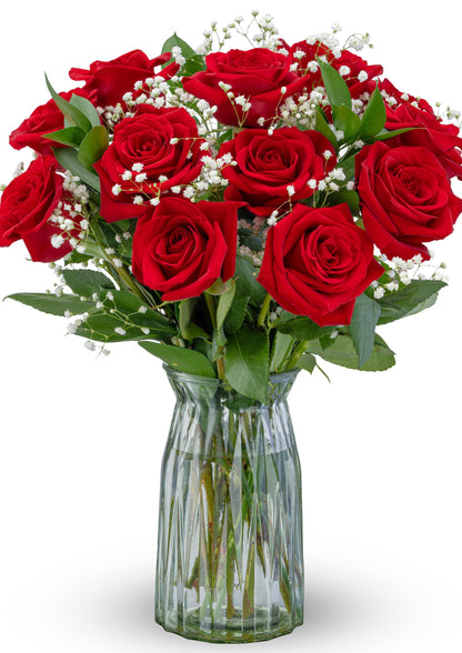 Benchmark Bouquets - 12 Stem Red Roses (Glass Vase Included) - Fresh Flowers for Next Day Delivery - Gift for Birthday, Anniversary, Get Well, Sympathy, Congratulations, Valentine's Day