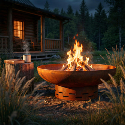 KOL Fire Pit for Outside Wood Burning, 27.5 Inch Round Firepit Bowl Outdoor and Patio, Heavy-Duty Steel Bonfire Pit Oxidized Finish, Free-Standing, Camping Backyard Terrace