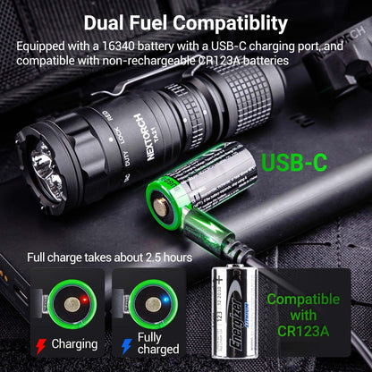 NEXTORCH TA21 Set Tactical Flashlight High Lumens, 1300 Lumens White Light and Red Light Rechargeable Flashlight with 4 Modes & Strobe & Ceramic Glass Breaker, Tactical Rings Included for Outdoor Use