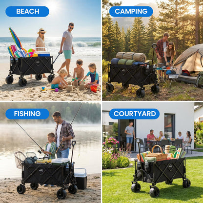 Zeraty Beach Wagon with Big Wheels for Sand, Heavy Duty All Terrain Wagons Carts Foldable with Solid 9" Tires, 300L Oversized Capacity & 330 LBS Load, Beach Cart for Outdoor & Camping, Black