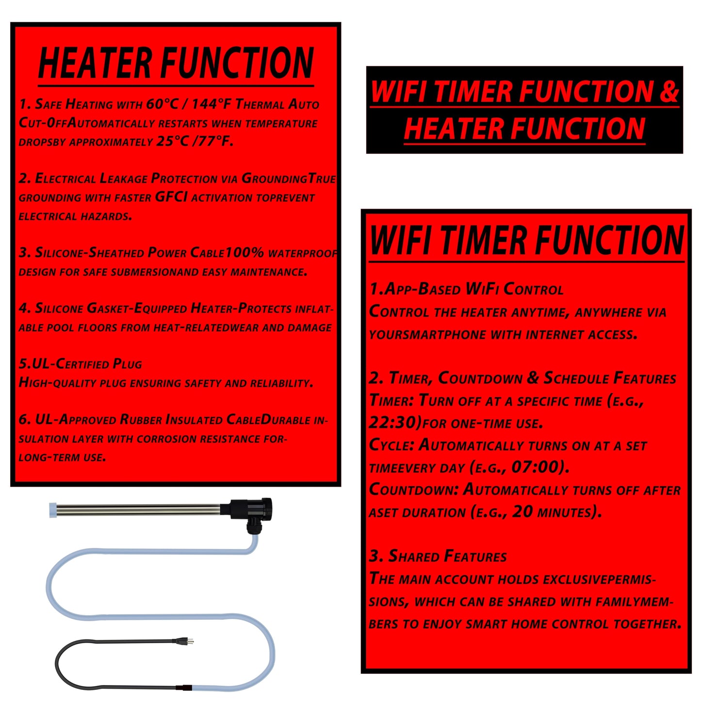 3500W 240V 316 Immersion Water Heater with Wi-Fi, Timer, and Temperature Control – Portable Submersible Heater Suitable for Spa, Above-Floor Swimming Pools, Inflatable Pools, Hot Tubs, and Bathtubs