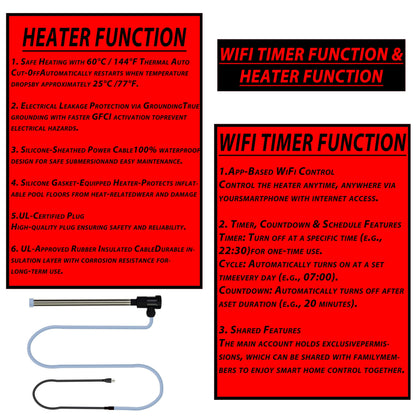 3500W 240V 316 Immersion Water Heater with Wi-Fi, Timer, and Temperature Control – Portable Submersible Heater Suitable for Spa, Above-Floor Swimming Pools, Inflatable Pools, Hot Tubs, and Bathtubs