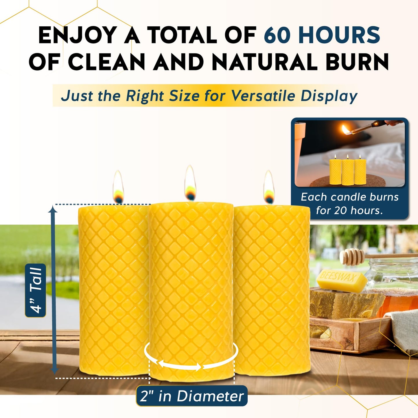 Alternative Imagination Diamond Beeswax Pillar Candles – 3 Pack of 2x4 Inch Unscented Candles - Hand-Poured - 100% Pure Beeswax - Natural Honey Aroma - Dripless Long-Burn - Altar & Decor Use