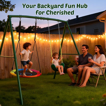 Trekassy 440lbs Capacity Swing Sets for Backyard - 2 Seat Outdoor Playset with Saucer & Belt Swing, Heavy-Duty A-Frame Metal Stand for Kids Family Fun (Patented)