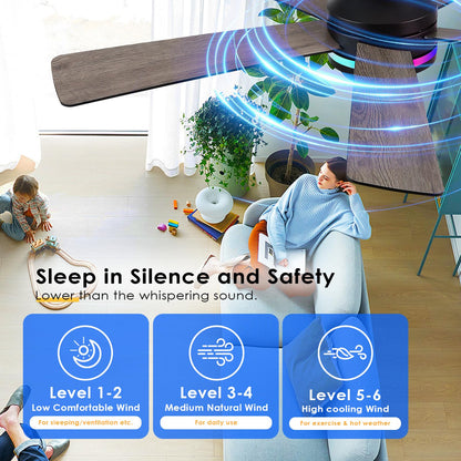 BYKISTOK 46In RGB Ceiling Fans with Lights - Black Flush Mount Ceiling Fan Light with Remote/APP, RGB+3CCT 6 Wind Speeds, Modern Low Profile Fan Light Fixture for Party, Kid's Room