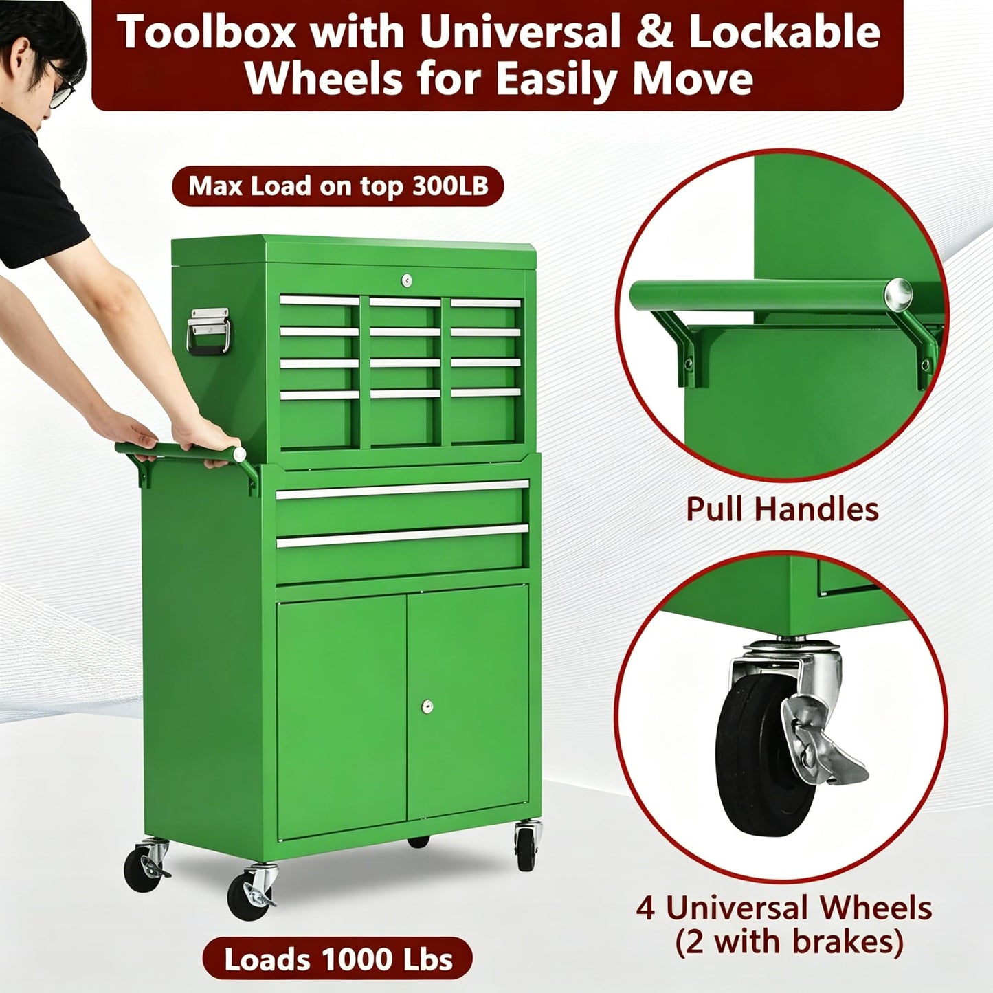 Heavy Duty 8 Drawer Tool Chest, Rolling Tool Box Cabinet on Wheels, 2-in-1 Detachable Metal Tool Storage Organizer for Garage and Workshop, Locking Steel Tool Cart with Portable Top Tool Box, Green