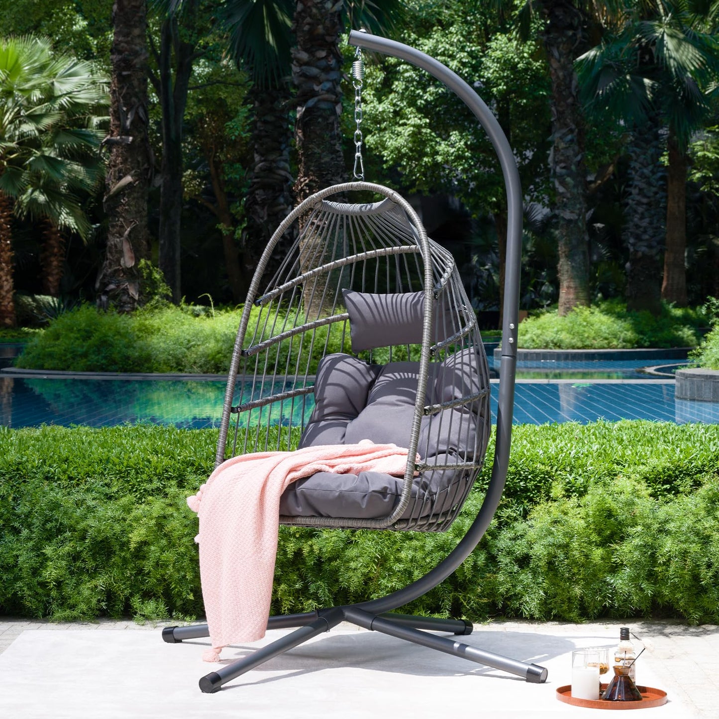 KEIKI Egg Chair - Foldable Rattan Hanging Chair with Stand & Cushion, 350LBS Capacity, Indoor Outdoor Basket Chair for Patio, Garden, Bedroom, Balcony - Black and Gray Wicker Hammock Swing Chair
