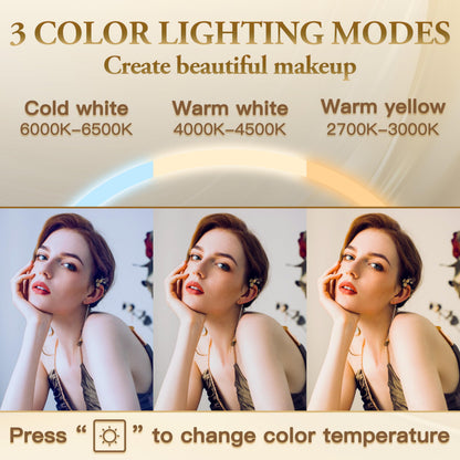 ROLOVE Vanity Mirror with Lights, 32" x 22" Large Lighted Vanity Mirror with Dimmable 3 Modes, LED Makeup Mirror, 10X Magnification, USB Charging Port, Tabletop or Wall-Mounted Square Gold
