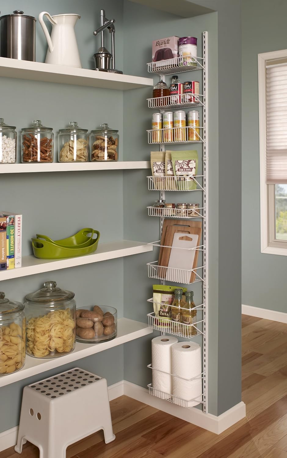 ClosetMaid Adjustable Organizer Rack with Baskets Wall or Over Door Mount, for Kitchen, Pantry, Utility Room, Closet, 12 in. W, White Finish, Inch