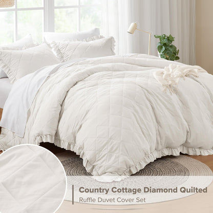 Comfort Spaces Ivory King Duvet Cover Set - 3 Pieces Ruffle Diamond Quilted Duvet Cover, All Season Lightweight, Cotton-Like Softness Pre-Washed Microfiber King Bedding Cover & Shams, King