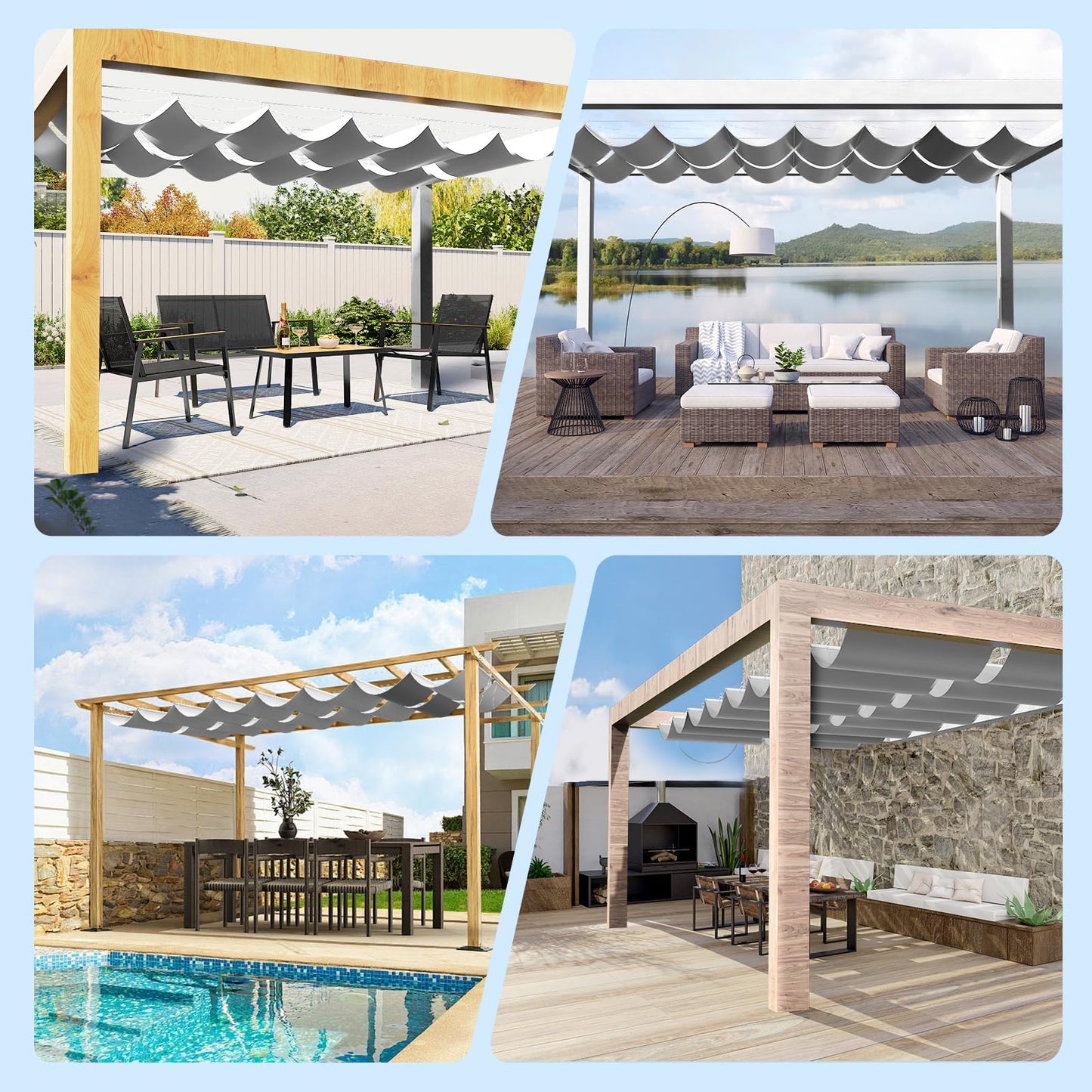 OOTONAT 3'W X 16'L Waterproof Silver Coated Retractable Sun Shade Canopy Cover Sliding Wave Shade Sail for Deck Porch Patio Removable with Hardware Wire Cable, Gray