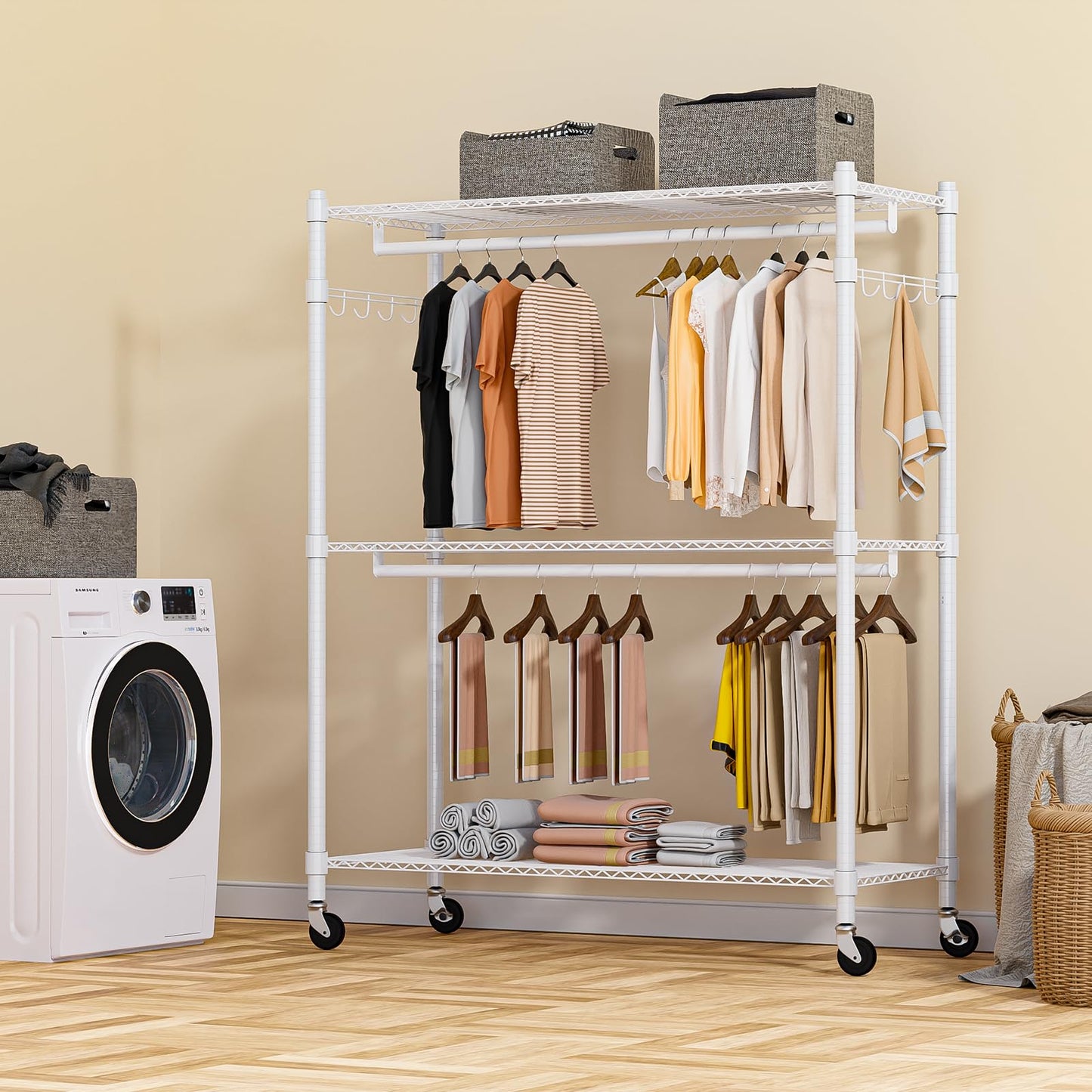 Homdox 3 Tier Garment Rack with Wheels, Portable Closets for Hanging Clothes Heavy Duty, Closet Racks and Shelving with Double Hanger Rods & Side Hooks, White
