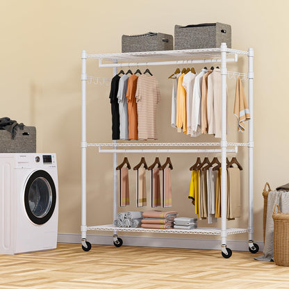 Homdox 3 Tier Garment Rack with Wheels, Portable Closets for Hanging Clothes Heavy Duty, Closet Racks and Shelving with Double Hanger Rods & Side Hooks, White