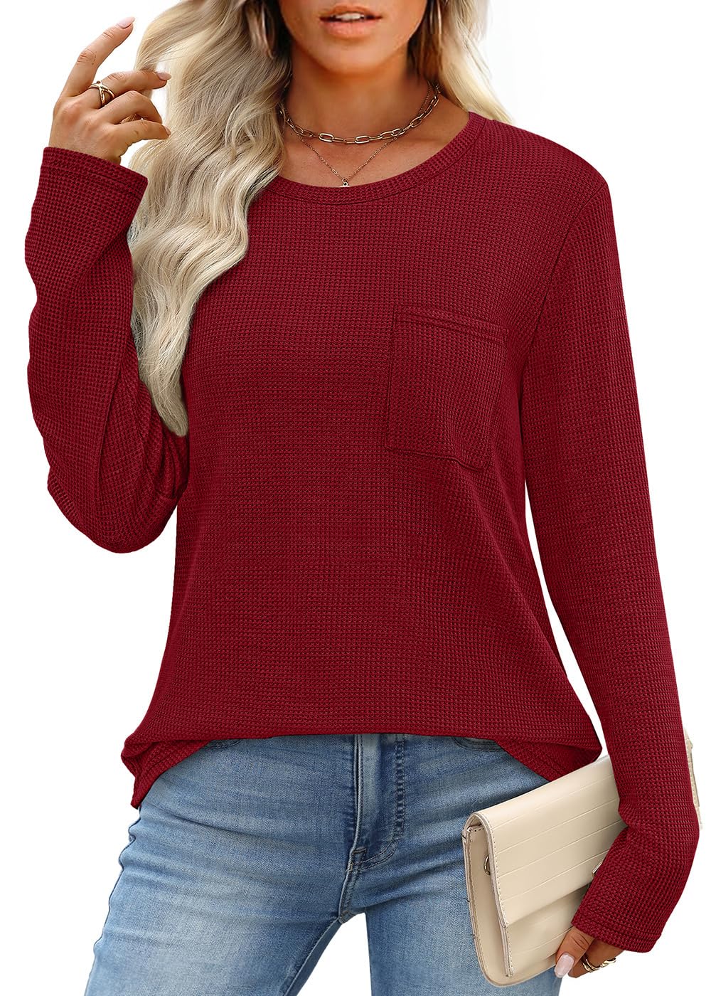 WIHOLL Long Sleeve Shirts for Women Waffle Knit Trendy Fall Fashion 2025 Dressy Casual Blouses Teacher Outfits