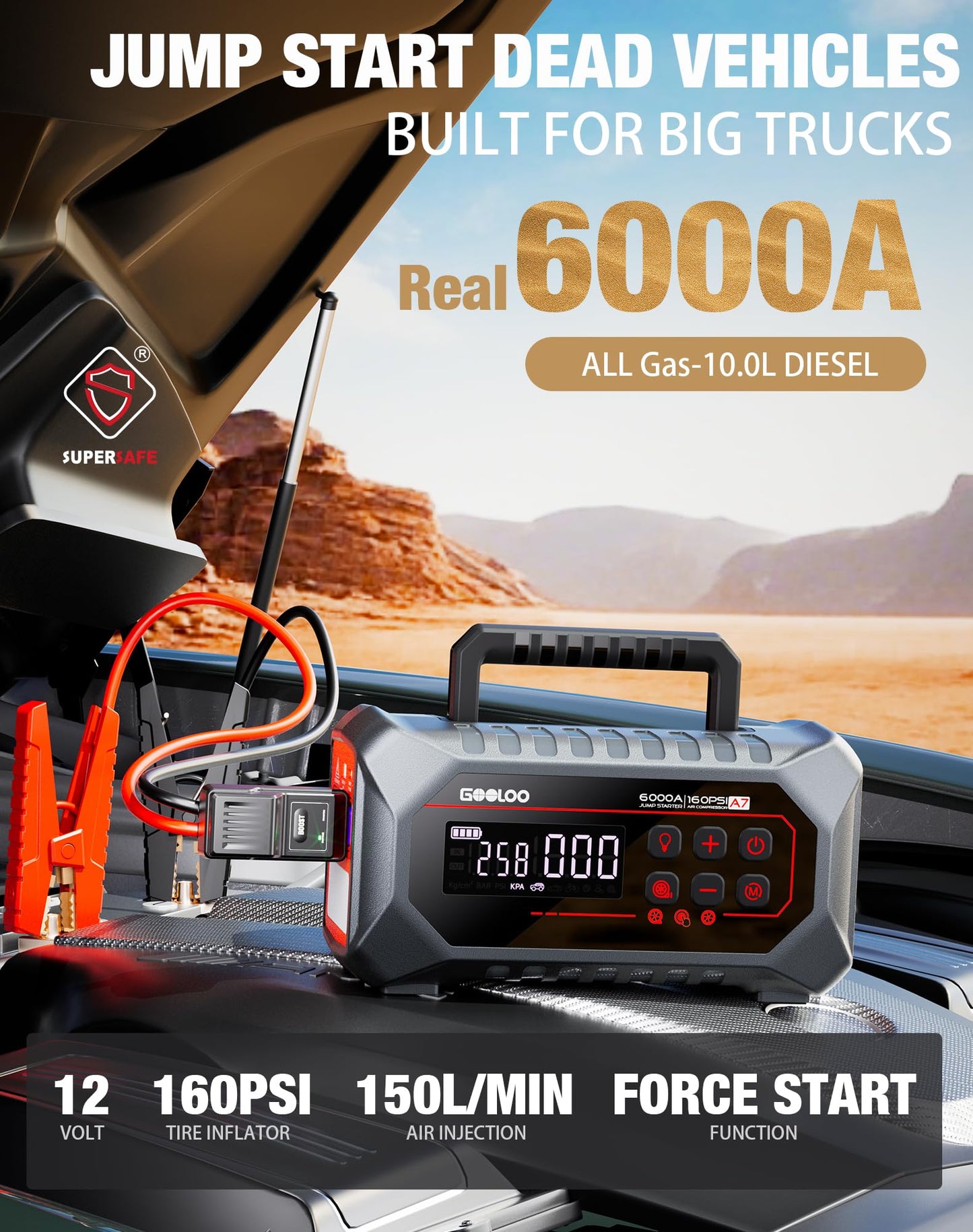 GOOLOO A7 Jump Starter with Air Compressor, 6000A &160PSI 12V Car Battery Jumper Starter Portable Booster Pack, Supersafe Jump Box (All Gas & 10L Disel) with Tire Inflator & Air Pump(Inflate& Deflate)