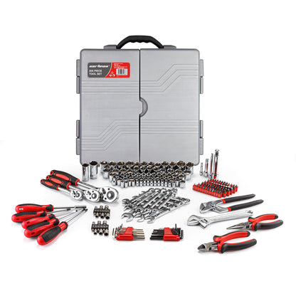 CARTMAN 205 Piece Ratchet Wrench Tool Set 1/4" & 3/8" & 1/2" Drive with SAE/Metric Sockets Kit in Plastic Toolbox