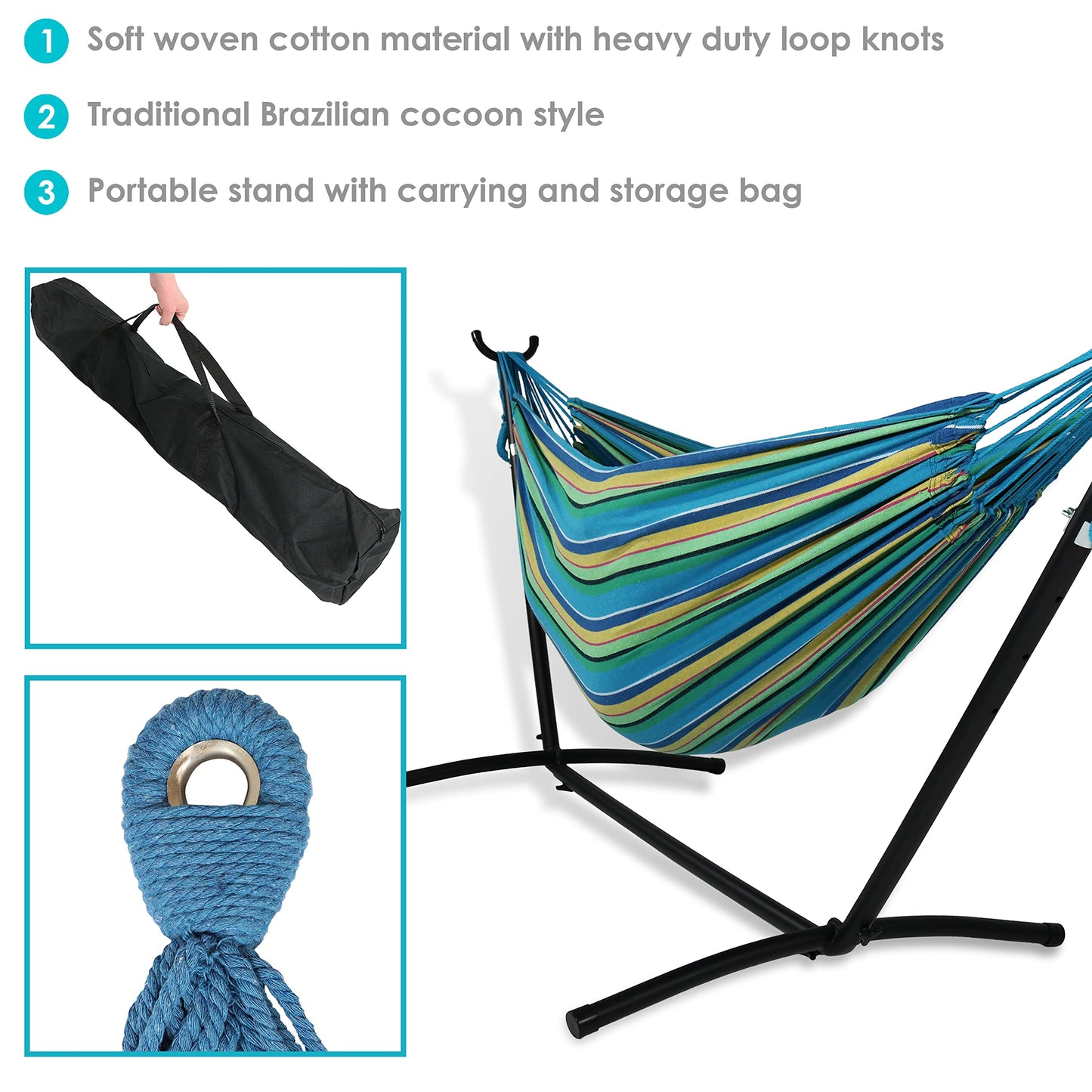 Sunnydaze Double Brazilian Hammock with Stand and Carrying Case - 400-Pound Capacity - Black Stand - Sea Grass