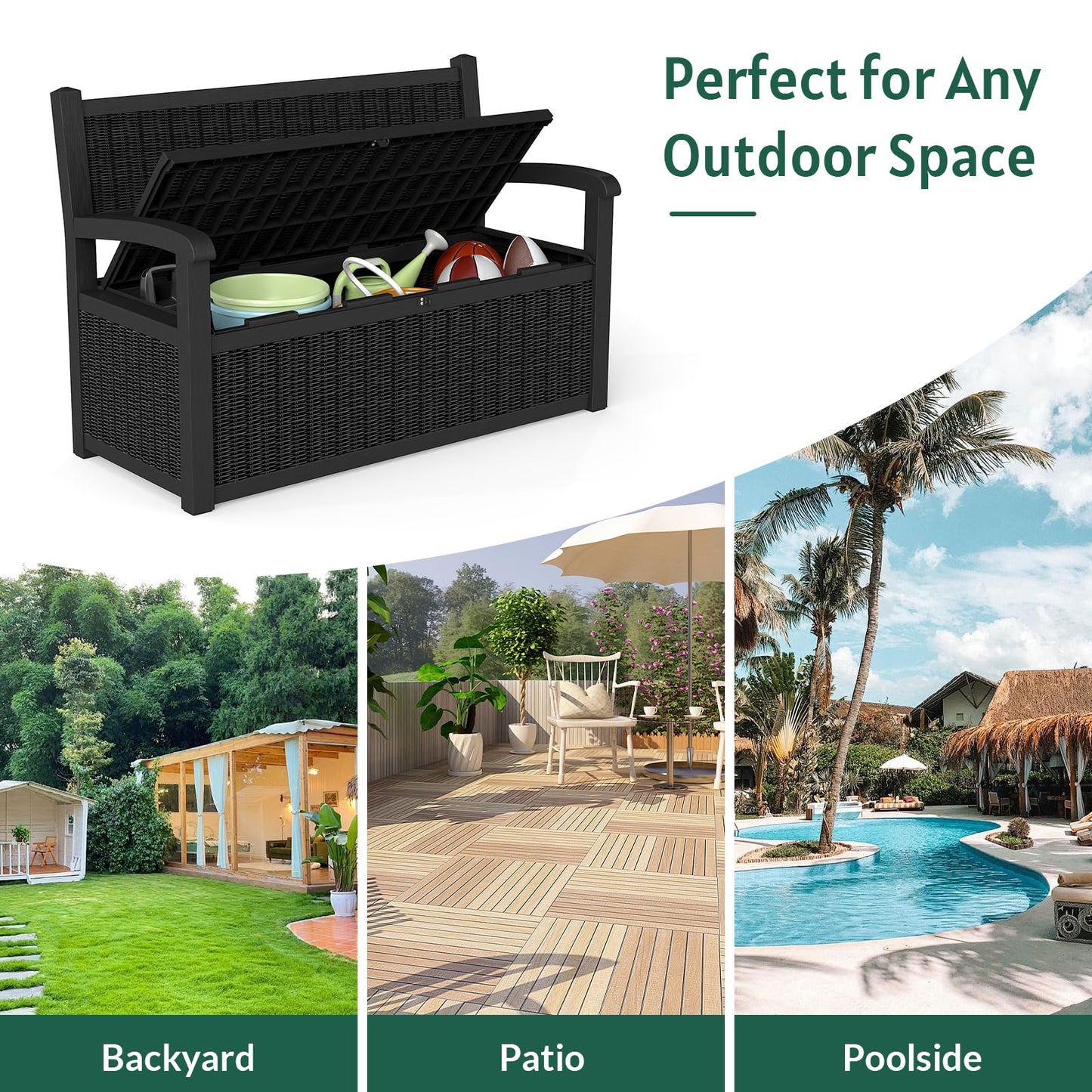 Skepphlay 70 Gallon Storage Bench Outdoor, Deck Box Bench with Armrest, Lockable Outside Benches with Storage, Deck Boxes Waterproof for Pool Patio Garden (Black)