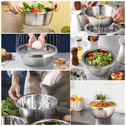 Colander 304 Stainless Steel 3-quart with Mixing Bowls, Strainer for Kitchen Food For washing vegetables, fruit, rice, Dishwasher Safe. (2PC)