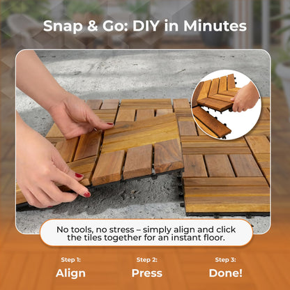 Majestick Goods Interlocking Slat Deck Tiles, Acacia Wood Interlocking Deck Tiles - Easy Installation for Patio Flooring & Walkways with Raised Base Drainage, 12 x 12 x 0.9 Inch (24 Count)