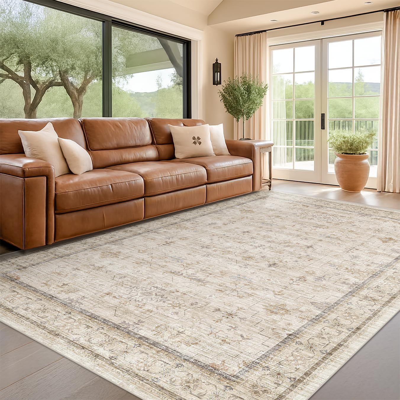 Skiennix Washable Ivory 5x7 Area Rug - Non-Slip Low Pile Carpet for Bedroom & Home Office