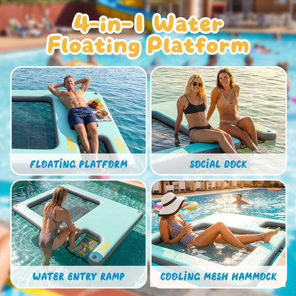 Inflatable Floating Dock with Dog Ramp, Large Floating Island Platform for Adults and Pets, Mesh Water Hammock with Non-Slip Steps, Heavy-Duty Floating Dock for Lake, Pool, River and Ocean