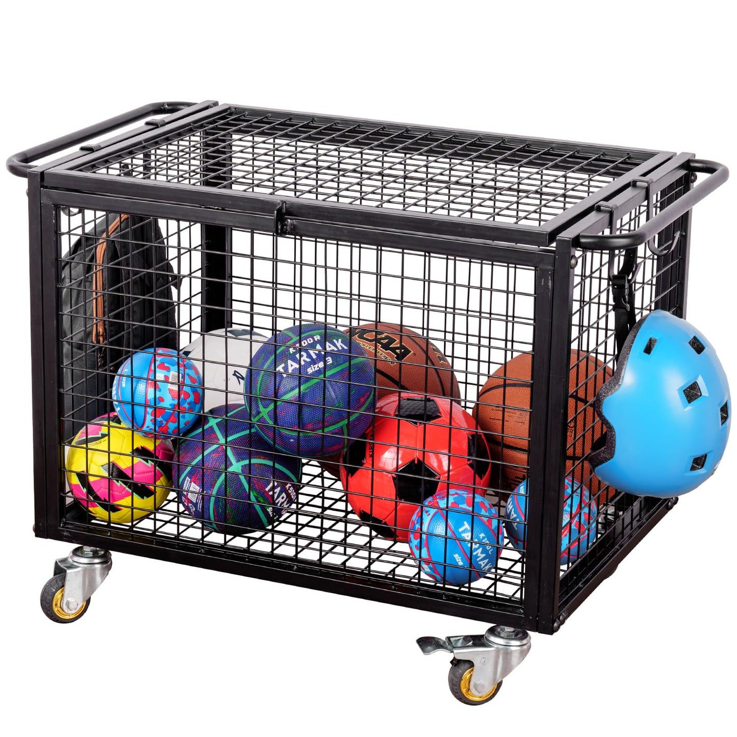 MyGift Black Metal Rolling Sports Ball Storage Cart for Playground, Dodge Ball, Basketball, Soccer Ball Gym Basket Equipment Cart with Lockable Latch, Caster Wheels and 4 Hooks
