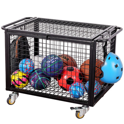 MyGift Black Metal Rolling Sports Ball Storage Cart for Playground, Dodge Ball, Basketball, Soccer Ball Gym Basket Equipment Cart with Lockable Latch, Caster Wheels and 4 Hooks