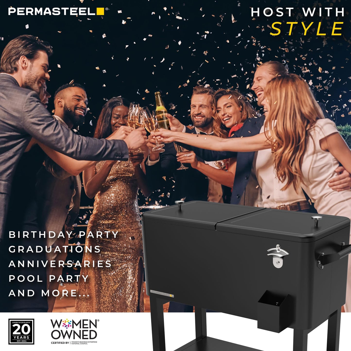 Permasteel Party Cooler with Divider, Removable Basin, Spacious 80-Qt Capacity, Chills 36hrs, Serving Tray, Rolling Ice Chest for Indoor & Outdoor, Matte Black